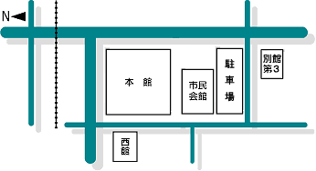 地図：庁舎配置図（本館・市民会館・駐車場・別館第3・西館）